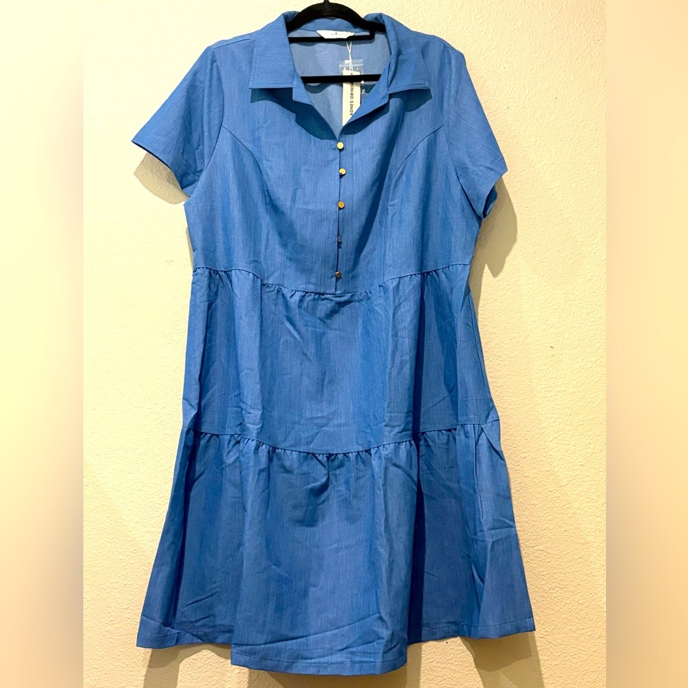 Agnes Orinda Women’s Plus 1X Chambray Tiered Shirt Dress Blue Short Sleeve